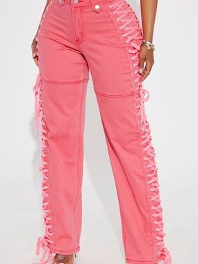 Fashion Nova Coral Pink Lace-Up Wide Leg Jeans